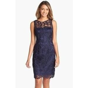 Adrianna Papell Illusion Bodice Lace Sleeveless Sheath Dress Navy Blue Womens 10